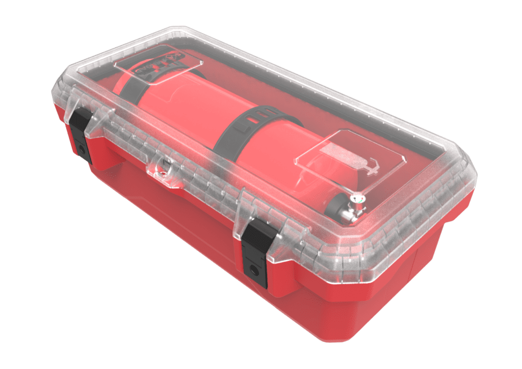 fire extingusiher box red base and clear lid